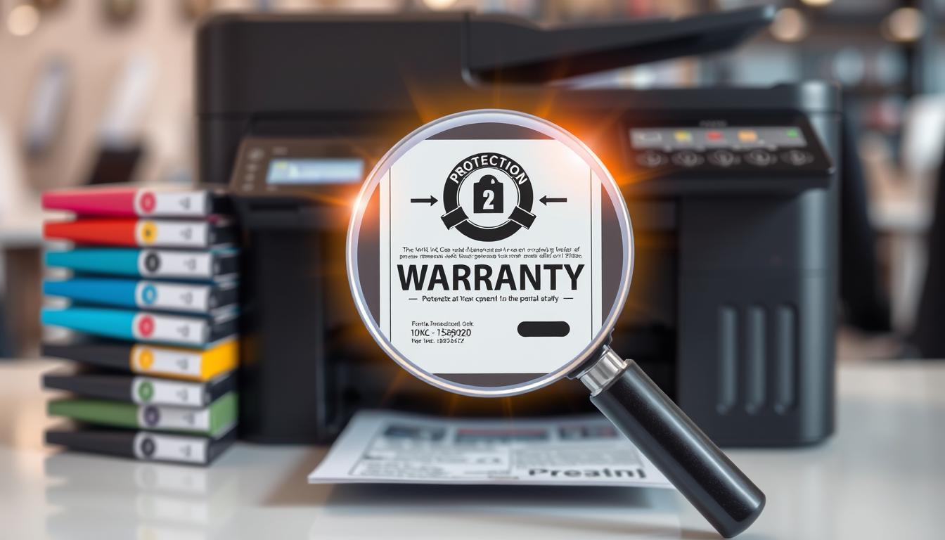 A close-up view of a printer beside a stack of colorful ink and toner cartridges, with a magnifying glass focusing on the printer's warranty document, surrounded by a glowing aura symbolizing protection and reliability, set against a soft-focus office background.