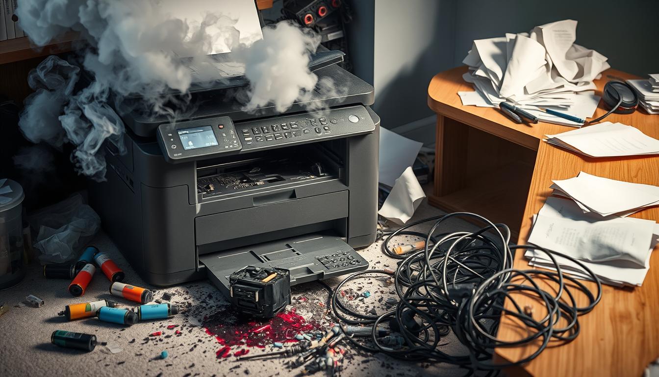 A broken printer with smoke rising from it, scattered ink and toner cartridges around, a damaged cartridge leaking ink onto the floor, tools and parts spilling out from an open printer casing, a frustrated expression on a nearby desk with crumpled papers and a tangled power cord, dramatic lighting highlighting the chaos.