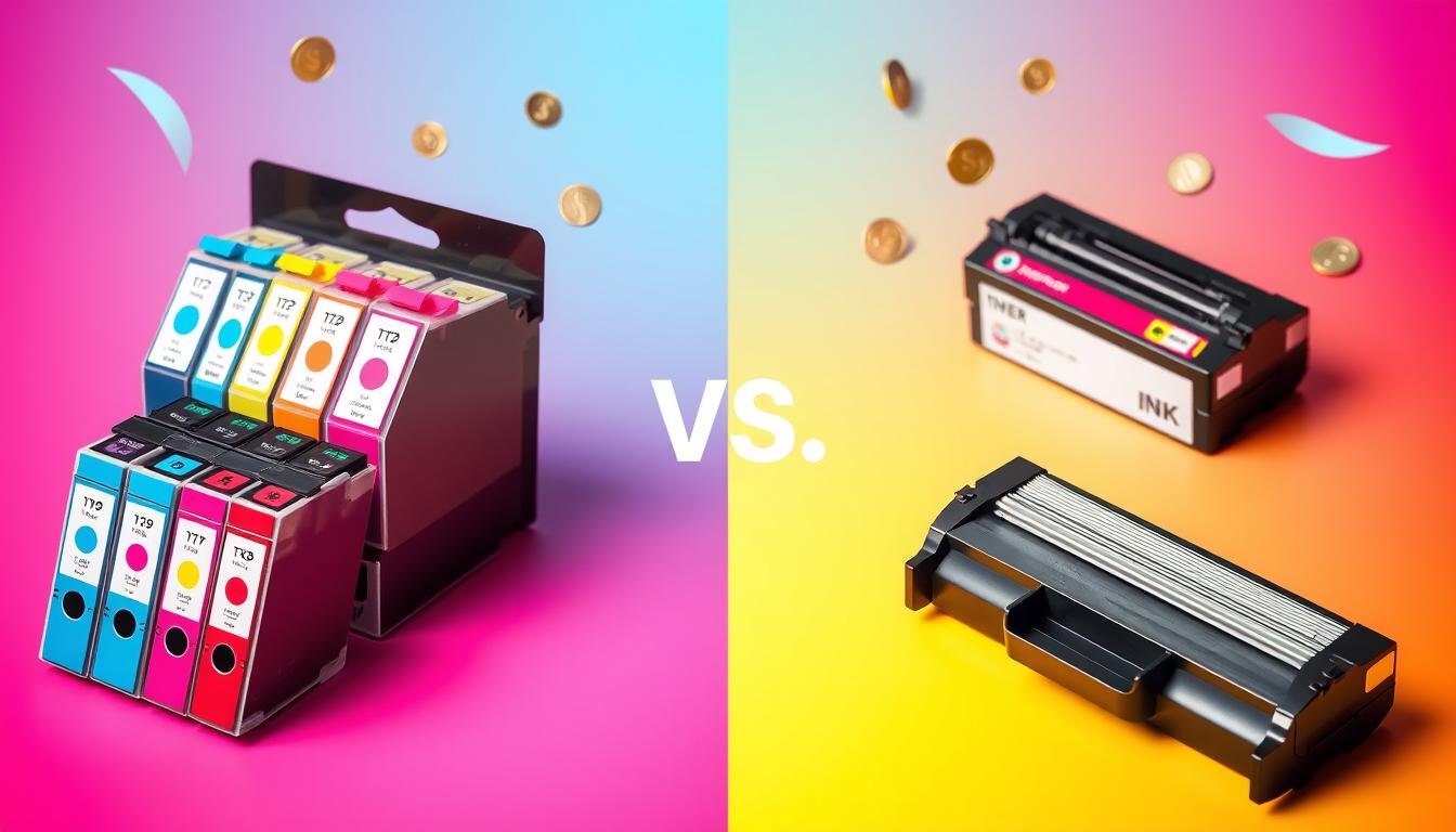 A split image showcasing a vibrant display of colorful ink cartridges on one side and monochrome toner cartridges on the other, arranged in a visually appealing way. The background features a subtle gradient representing affordability and cost-effectiveness, with money symbols or coins artistically integrated into the design. Focus on highlighting the contrast in colors and shapes, emphasizing the theme of ink costs without any text or characters.