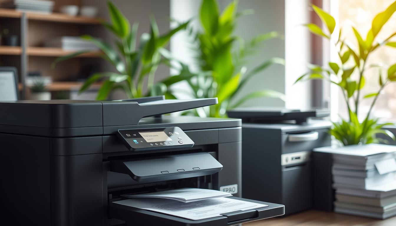 A modern office setting with a sleek printer smoothly dispensing perfectly aligned sheets of paper, light streaming through a window illuminating the printer, showcasing organized workspace with minimal clutter, vibrant green plants in the background, and a calm atmosphere reflecting efficiency and professionalism.
