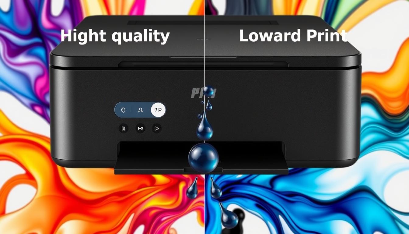 A split image showing two printer settings side by side; one side displays high-quality print with vibrant colors and rich details, while the other side shows a low-quality print with faded colors and less detail. Include visual representations of ink droplets or cartridges, emphasizing the contrast in ink usage between the two settings, with a background of abstract patterns representing the flow of ink.