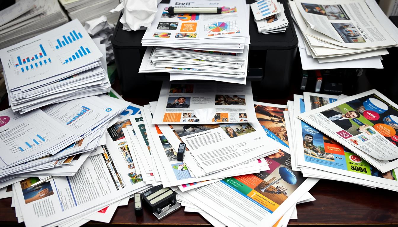 A cluttered workspace featuring a variety of printed documents scattered across a desk—business reports with graphs, colorful brochures, academic papers stacked neatly, and creative designs with vibrant images. In the background, an inkjet printer with partially opened trays, displaying empty ink cartridges alongside crumpled paper and used staples, creating a sense of busy productivity and occasional chaos.