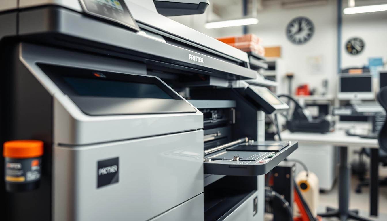 A close-up view of a well-maintained printer with gleaming components, surrounded by tools and equipment for regular maintenance, set in a bright, organized office environment, illustrating efficiency and reliability, with visual elements like gears or clockwork symbolizing reduced downtime and costs.