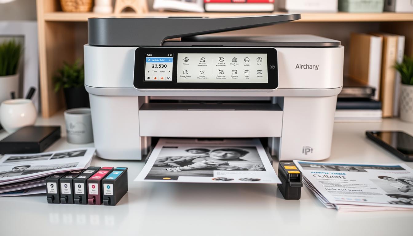 A visually appealing workspace featuring a modern printer with its settings interface displayed, surrounded by vibrant ink cartridges of various colors, printouts showcasing different settings like draft mode, black and white, and high-quality prints, all set against a clean and organized desk environment with soft lighting.