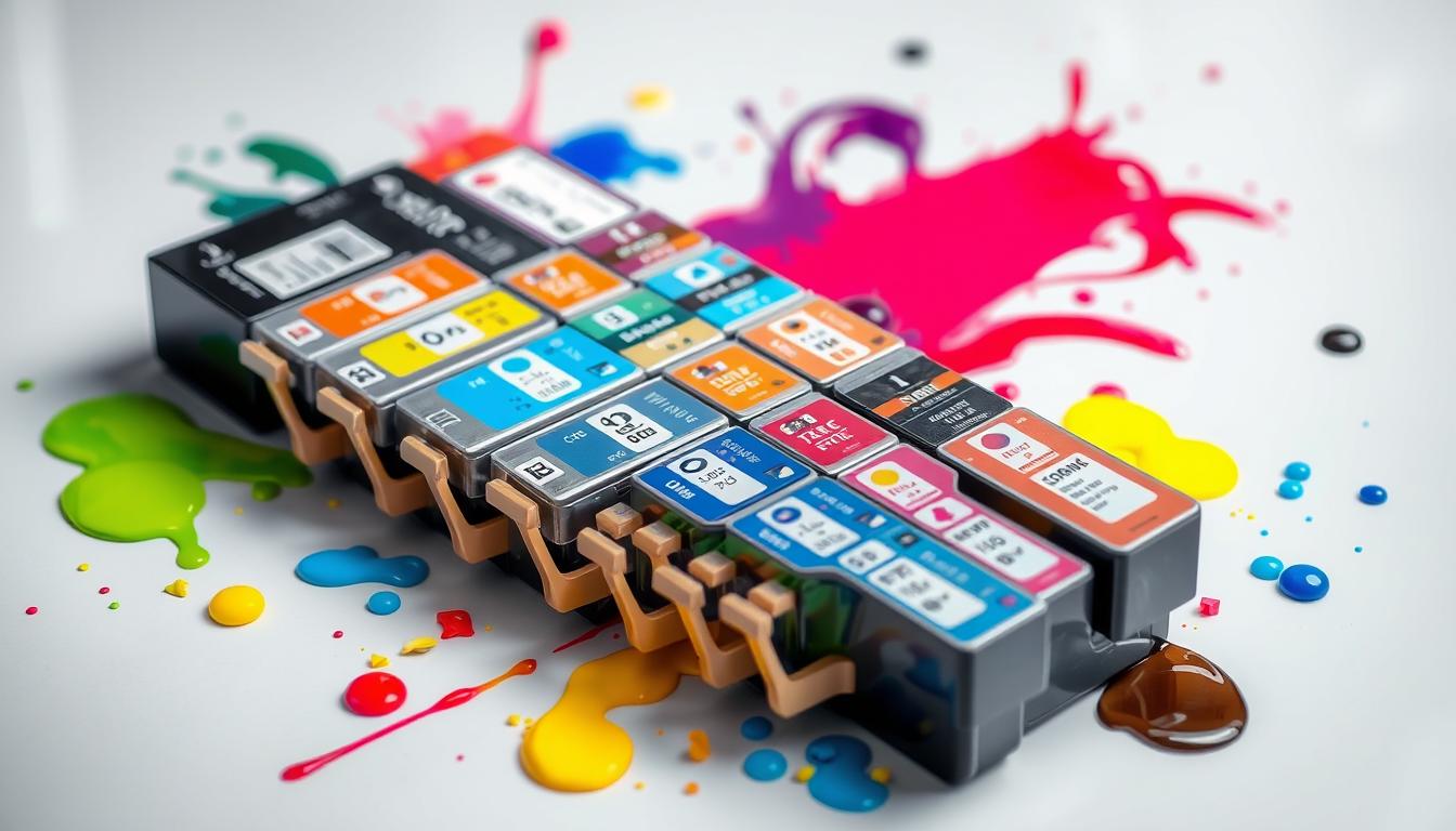 A vibrant display of compatible ink cartridges of various colors, arranged artistically on a sleek surface, with subtle reflections highlighting their glossy finishes. The cartridges are positioned in a dynamic layout, showcasing their diverse shapes and sizes, surrounded by splashes of ink colors to emphasize their functionality.