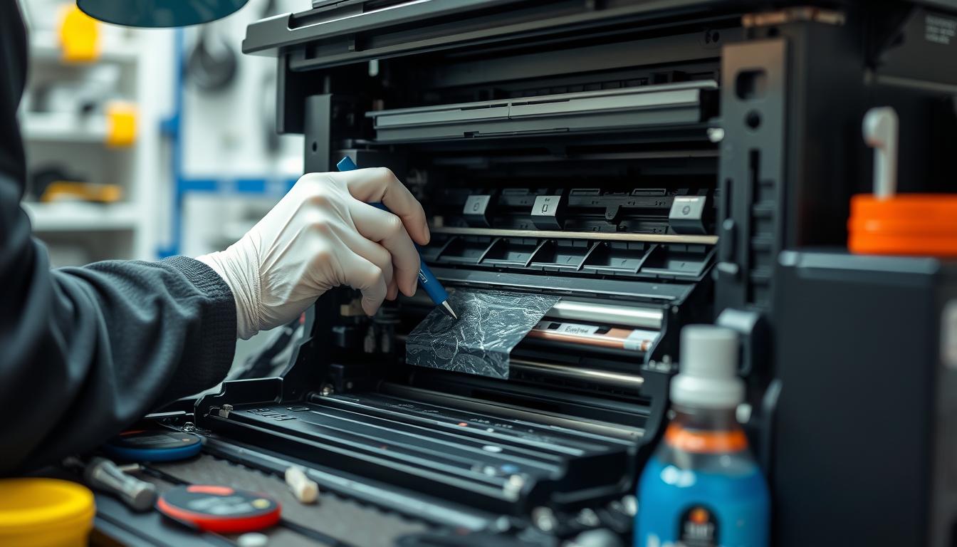 A close-up view of a technician carefully cleaning the interior components of a printer, surrounded by tools and maintenance supplies, with a focus on intricate details like ink cartridges and rollers, in a bright, well-lit workspace that emphasizes cleanliness and precision.