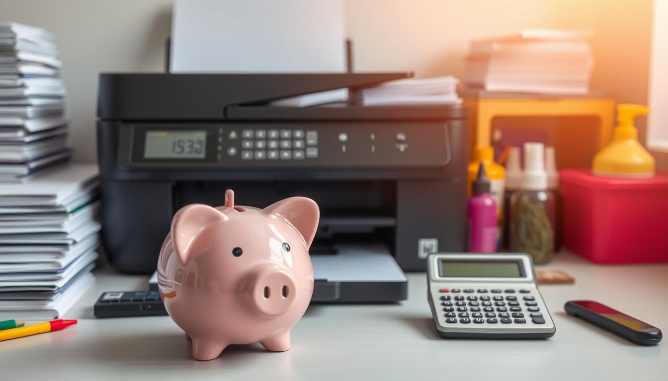 A vibrant workspace featuring an organized printer station, with neatly arranged ink cartridges, paper stacks, and cleaning supplies. A piggy bank in the foreground symbolizes cost savings, alongside a calculator displaying reduced expenses. Soft natural lighting enhances the atmosphere of efficiency and care, emphasizing the significance of regular printer maintenance.