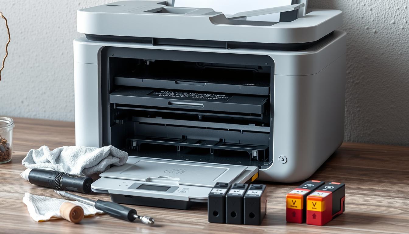A well-organized workspace featuring a modern printer with open access to its internal components, surrounded by tools like a screwdriver, cleaning cloth, and ink cartridges; gentle lighting highlights the meticulous cleaning process, showcasing dust particles being removed and fresh ink cartridges ready for installation; a calm and focused atmosphere depicting the importance of regular maintenance.