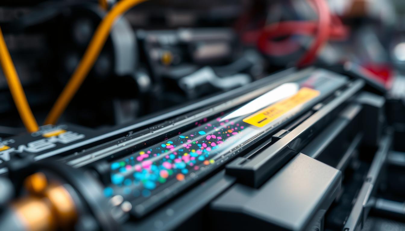 "A close-up view of a high-tech toner cartridge, showcasing intricate internal mechanisms and vibrant colored toner particles, set against a blurred background of abstract printer components, with a focus on the glossy surface and microdetails of the cartridge."