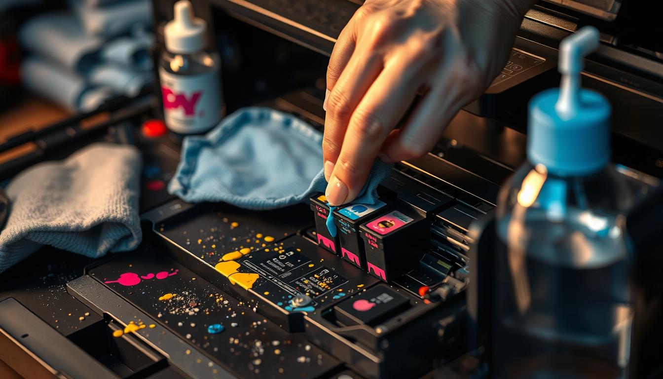 A close-up of a person carefully cleaning a printer's ink cartridges, surrounded by tools like a microfiber cloth and isopropyl alcohol, with colorful ink splatters in the background, warm lighting highlighting the intricate details of the printer components.